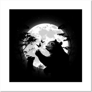 Mother bear playing with butterflies under the moon Posters and Art